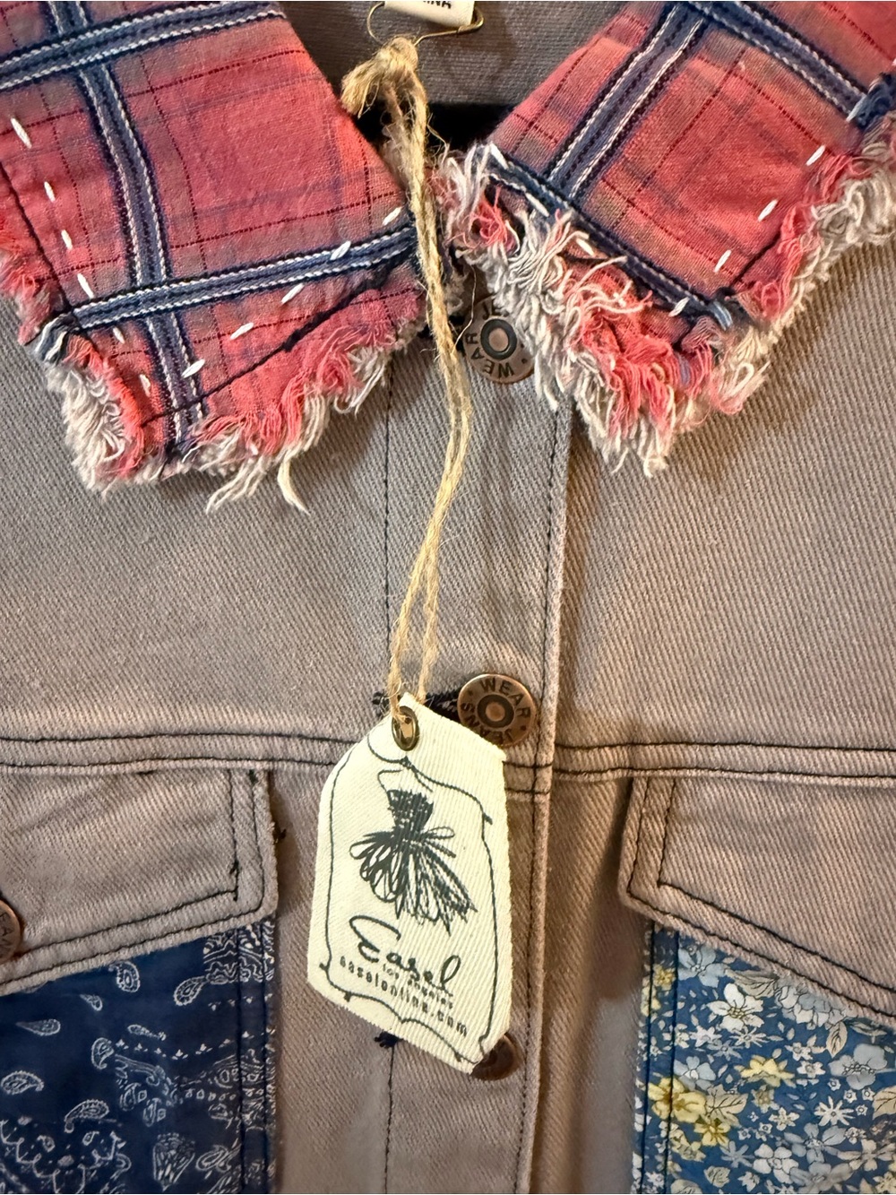 easel Taupe Jean Jacket with Red Plaid Accents and Mixed Patch Pockets - Picture 3 of 5